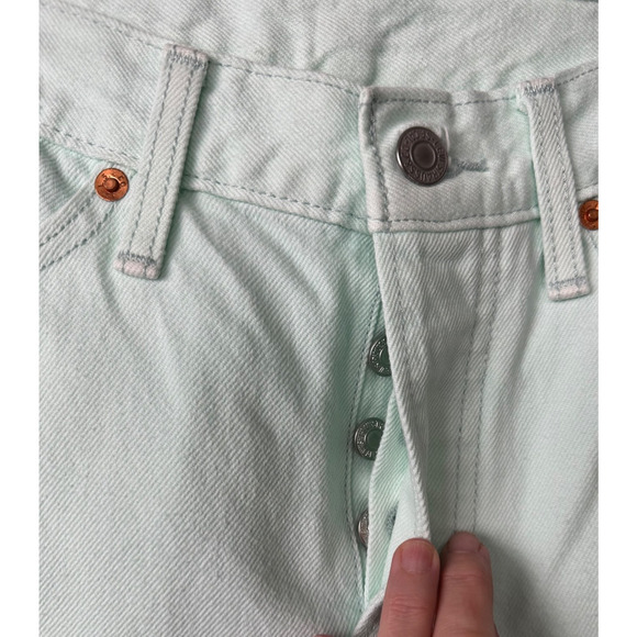 Levi’s 501 Button Fly Jeans Straight Leg Teal Aqua Size 27 Raw Hem Y2K C25 - Picture 4 of 8